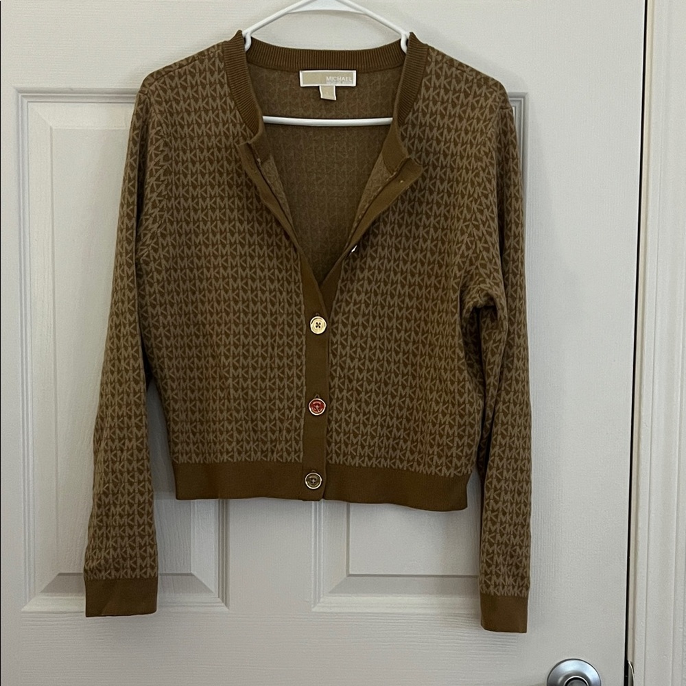 Michael Kors Camel Brown Logo Jacquard Cardigan